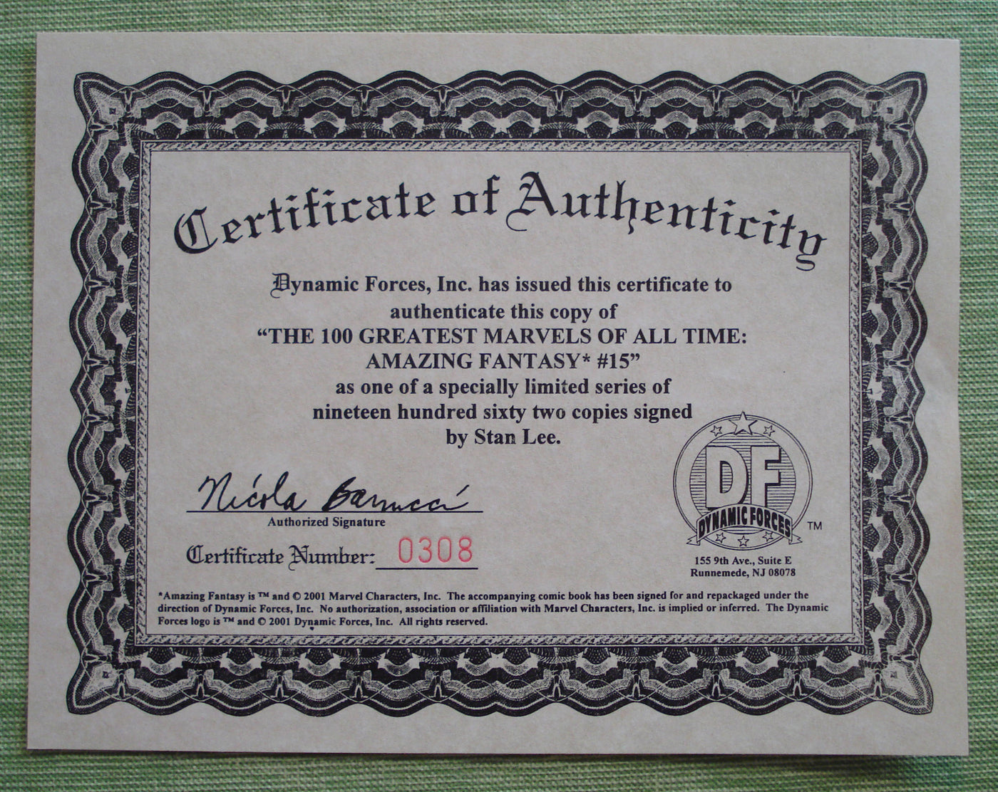 100 Greatest Marvels Of All Time Vol. 1 #10 (Limited Edition 0308 of 1962) Stan Lee Autograph Nov 2001