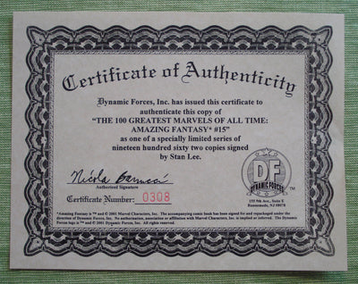 100 Greatest Marvels Of All Time Vol. 1 #10 (Limited Edition 0308 of 1962) Stan Lee Autograph Nov 2001