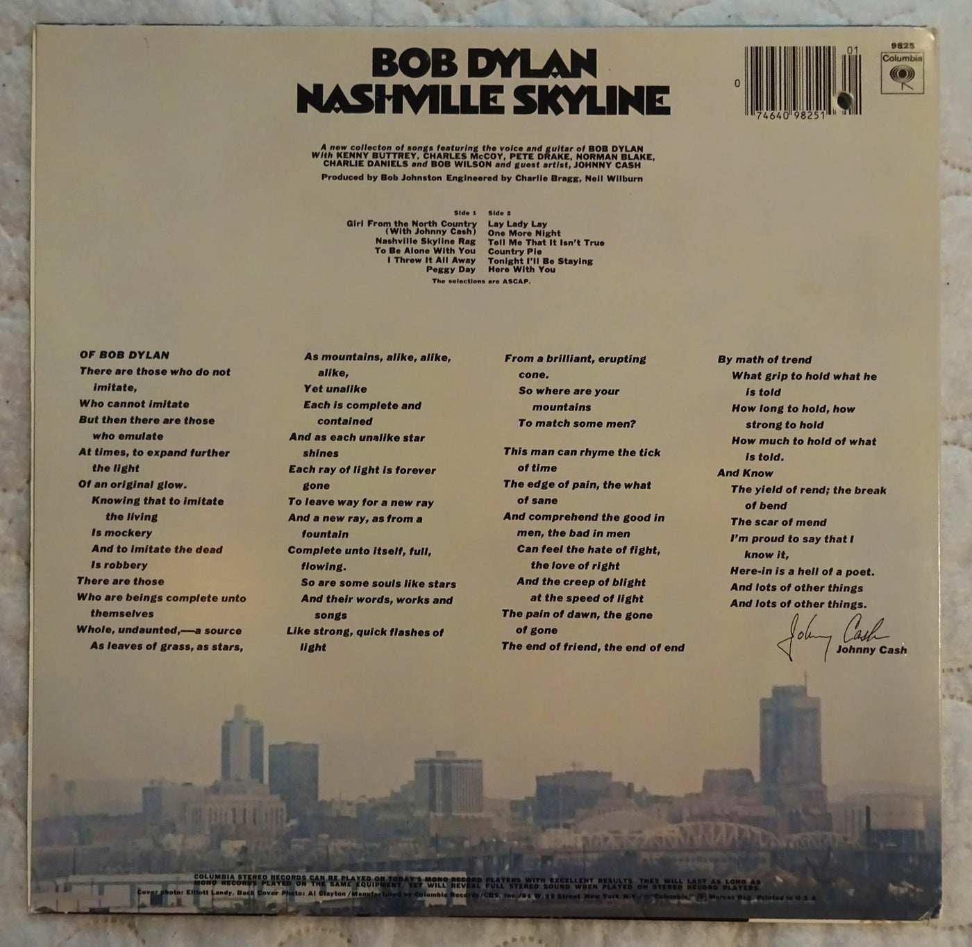Bob Dylan Nashville Skyline (1969) Vinyl LP 33rpm 9825 Autographed by Bob Dylan