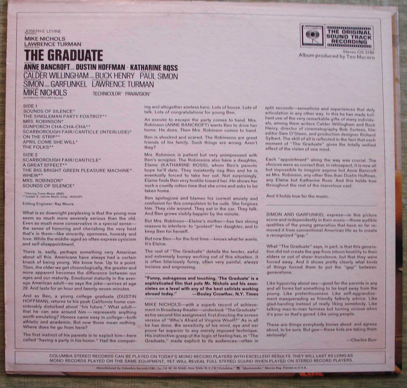 The Graduate Soundtrack - Music By Simon And Garfunkel (1967) Vinyl LP 33rpm OS3180