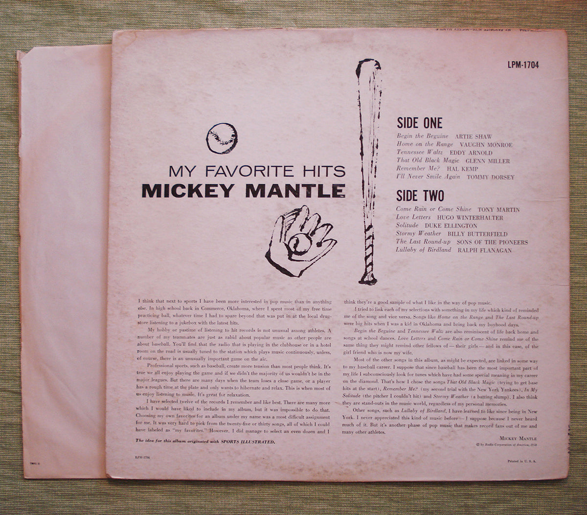 Mickey Mantle - My Favorite Hits (1958) Vinyl LP 33rpm LPM-1704